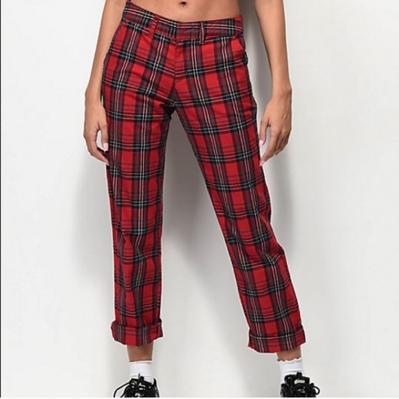 Empyre Urban Outfitters Red Plaid Preppy Corpcore Straight Crop Pants Size 5 - Picture 1 of 8